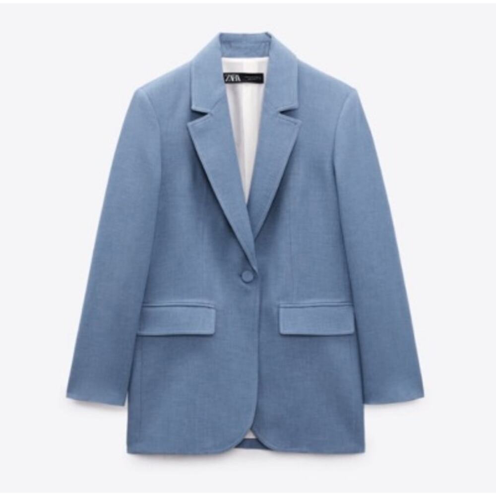 Zara Womens Small Blue Straight Cut Blazer Oversized Minimalist Office Academia